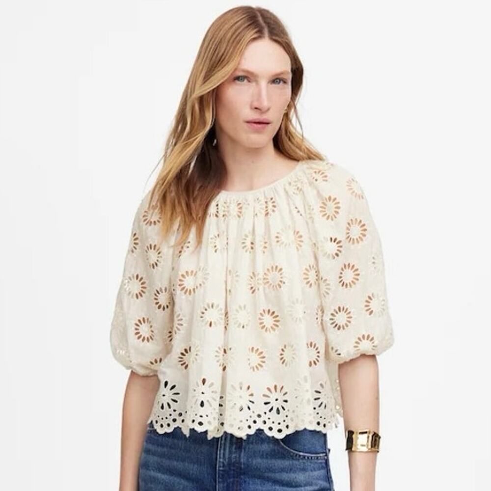 NWT Madewell Embroidered Shirred Puff-Sleeve Top in Floral Eyelet Size XXS